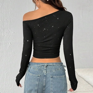 Slim fit black off-shoulder long sleeve crop top with sparkling rhinestone texture for women