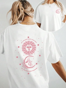 White oversized cotton t-shirt with bohemian sun and moon print on back and chest
