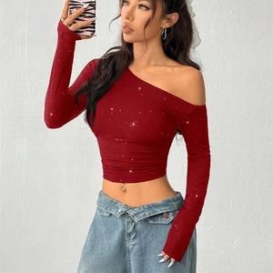 Slim fit wine red one shoulder long sleeve top with silver glitter knit details