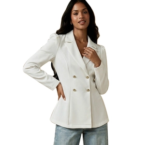 Women's white double-breasted blazer with gold buttons and slim fit for autumn style