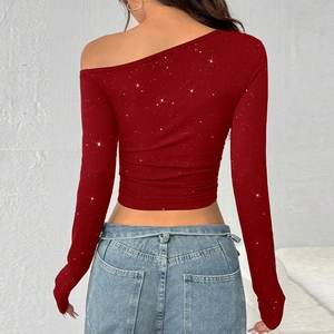 Slim fit off-shoulder wine red rib-knit top with sparkling rhinestone details