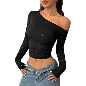 Slim fit black ribbed one shoulder long sleeve crop top with sparkling rhinestone details