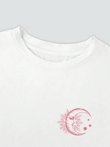 Detail of white cotton T-shirt featuring pink moon and face print on the chest