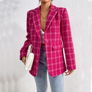 Women Plaid Tweed Blazer Jacket Elegant Notch Lapel Single Breasted Mid Length Outerwear Rose Red Long Sleeve Coat