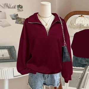 Women's Oversized Half Zip Sweatshirt 95% Polyester 5% Elastane Long Sleeve Drop Shoulder Loose Casual Fashion Pullover Top