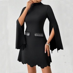 Elegant Scalloped Hem Rhinestone Black Mini Dress Women Mock Neck Slit Bell Sleeve Slim Fit Polyester Formal Party Dress