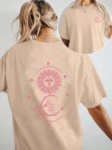 Women Oversized Short Sleeve T-Shirt Sun Moon Celestial Graphic Printed Casual Round Neck Streetwear Summer Loose Top