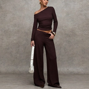 Women Off Shoulder Long Sleeve Top And Wide Leg Pants Set Solid Color Ribbed Texture Two Piece Casual Elegant Commuting Outfit