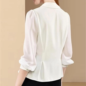White satin long sleeve shirt with back pleats and puff sleeves in elegant slim fit