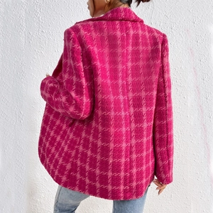 Women's pink plaid tweed long jacket with notched lapels and back silhouette view
