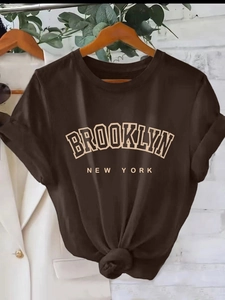 Women's dark brown Brooklyn New York printed T-shirt in relaxed American casual style