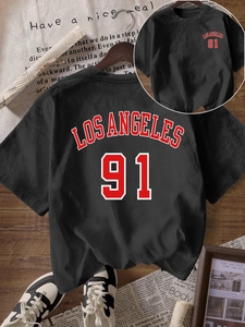 Schwarzes Streetstyle-Baumwoll-T-Shirt mit Los Angeles 91 Vintage-Druck auf Vorder- und Rückseite