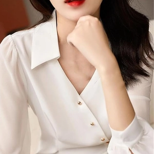 Elegant white satin long sleeve shirt with gold buttons and V-neckline for women