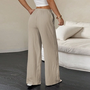 Women's high waist taupe wide leg trousers with elastic waistband and side pockets