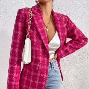 Women's rose pink tweed plaid blazer with slim fit and notch lapel for autumn winter