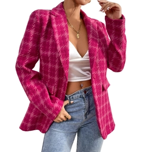 Rose pink houndstooth plaid blazer jacket for women in textured tweed fabric