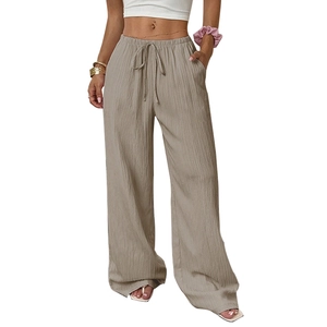 Women's loose wide-leg cotton linen trousers in khaki with elastic drawstring waist