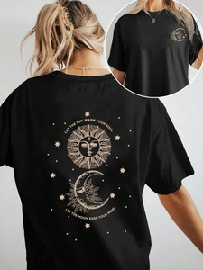 Women's casual black round neck T-shirt featuring sun and moon celestial art prints