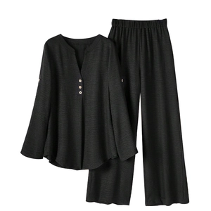 Women's 2-piece dark grey casual set with V-neck long sleeve top and wide leg pants