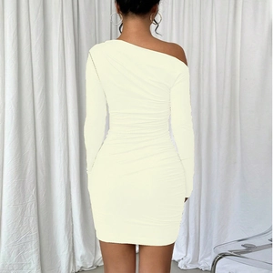 Slim fit off-shoulder ruched mini dress in light beige with long sleeves back view