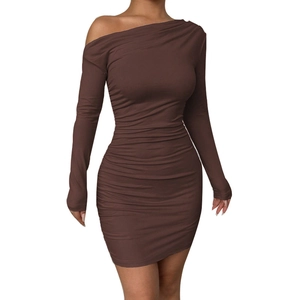 Brown off-shoulder long sleeve bodycon dress with ruching detail for women