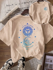 Women's casual beige crewneck T-shirt with sun and moon graphic and inspirational quotes