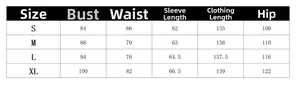 Detailed size chart for women's elegant jumpsuit including S, M, L, XL measurements