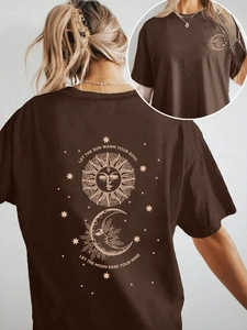Women's dark coffee oversized cotton T-shirt featuring sun and moon back graphic art