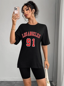 T-shirt noir oversize pour femme avec imprimé Los Angeles 91 et épaules tombantes