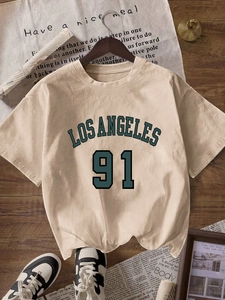 T-Shirt à Imprimé Lettres Los Angeles 91 pour Femmes Col Rond Manches Courtes Polyester Soie de Lait Style Rétro Américain Décontracté