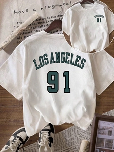 Damen Amerikanisches Retro LOS ANGELES 91 Bedrucktes T-Shirt Casual Rundhals Kurzarm Geraute Milchseide Lose Streetwear Top