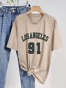 T-shirt beige pour femme avec imprimé Los Angeles 91, col rond et détail de nœud