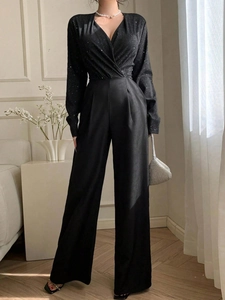 Combinaison Femme Élégante Noire Manches Longues Col en V à Strass et Paillettes Taille Haute Jambe Large Tenue de Soirée