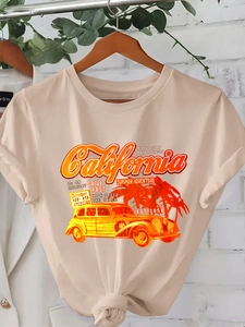 Women's apricot round neck cotton T-shirt with vintage California car print design