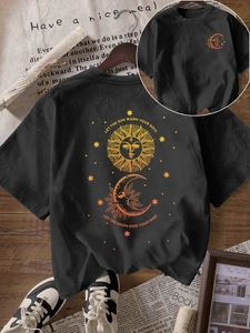 Black cotton t-shirt with orange sun and moon celestial prints and typography