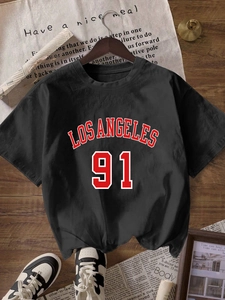 T-shirt noir pour femme avec imprimé Los Angeles 91, col rond et style vintage décontracté