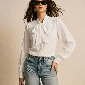 Elegant White Long Sleeve Blouse Women French Vintage Peter Pan Ruffle Collar Large Bow Tie Loose Woven Shirt Casual Top