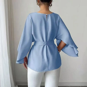 Elegant light blue long sleeve blouse with bell sleeves and waist belt back view