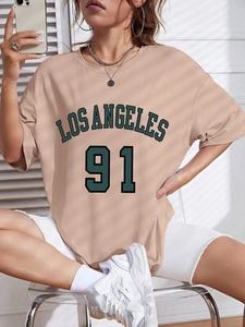 Women's Oversized T-Shirt LOS ANGELES 91 Print Short Sleeve Dropped Shoulder Casual Streetwear Crewneck Top
