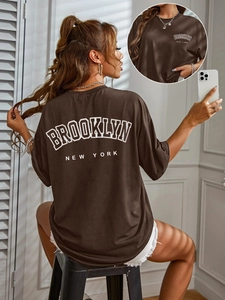Dames Casual Oversized Brooklyn New York Letter Print T-shirt Losse Korte Mouw Ronde Hals Streetwear Zomer Top
