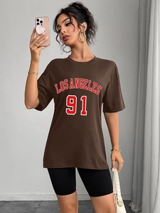 T-Shirt Oversize pour Femmes Imprimé Lettres Rétro Américain Col Rond Épaules Tombantes Manches Courtes Haut Décontracté Streetwear Été