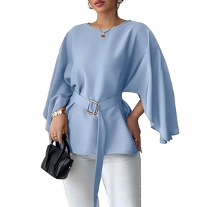 Elegant light blue long sleeve waist-tie blouse with stylish flare sleeves for women