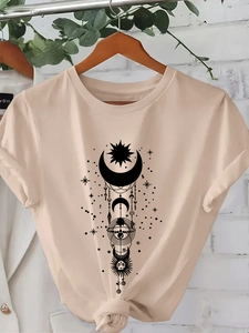 Women's apricot crewneck t-shirt with celestial moon print and stylish knotted hem design