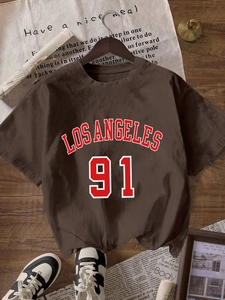 T-shirt femme marron en coton ample avec imprimé Los Angeles 91 et col rond