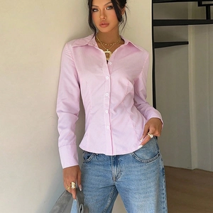 Women Striped Button Up Shirt Lace Up Back Long Sleeve Slim Fit Blouse Office Casual Pink White Striped Top