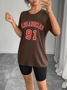 T-shirt marron oversize Los Angeles 91 pour femme style rétro américain décontracté