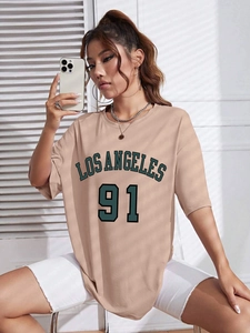 Detail of Los Angeles 91 print on a loose fit khaki crew neck t-shirt for women