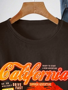 Detail of coffee brown cotton T-shirt featuring vintage orange California graphic print