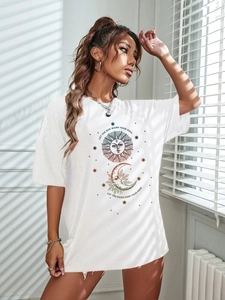 Relaxed fit white cotton T-shirt with sun and moon graphic and celestial slogan print