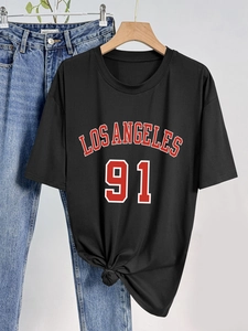 T-Shirt Femme Décontracté Imprimé Lettres Los Angeles Manches Courtes Col Rond Streetwear Été Top en Polyester